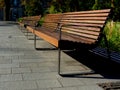 Bright brown wooden park benches in diminishing perspective with green landscape