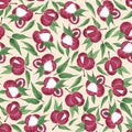 Bright burgundy berries and lychee leaves on a delicate beige-pink background. Lychee fruits and leaves seamless pattern. Royalty Free Stock Photo