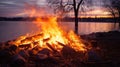 A bright burning bonfire on the shore