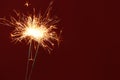 Bright burning sparklers on red background, closeup. Space for text Royalty Free Stock Photo