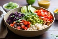 bright burrito bowl with tangy, spicy lime sauce