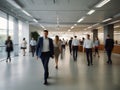 Bright business workplace with people in walking in blurred motion in modern office space. Royalty Free Stock Photo