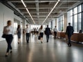 Bright business workplace with people in walking in blurred motion in modern office space. Royalty Free Stock Photo