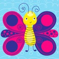 Bright butterfly on the blue background. Smile of happy animal for kids and baby. Royalty Free Stock Photo