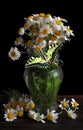 Bright butterfly swallowtail on a bouquet of white daisies. white daisies in a glass vase on a wooden table on a black background. Royalty Free Stock Photo