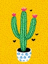 Bright green cactus with flowers. Creative design with exotic plant. Decorative natural vector elements