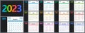 Bright calendar planner 2023 with months of different colors, basic template. The week starts on Monday. Vector illustration