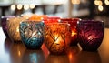 Bright candle illuminates ornate table with multi colored drink glasses generated by AI