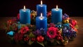 Bright candle illuminates romantic decoration with glowing flame and flower generated by AI