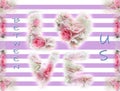 Bright attractive soft pink roses word `love` with purple stripes design Royalty Free Stock Photo