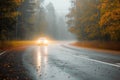 bright car headlights approaching on a misty autumn road Royalty Free Stock Photo