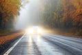 bright car headlights approaching on a misty autumn road Royalty Free Stock Photo