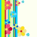 Bright card with a border of colored stripes and flowers.