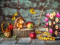 Bright card for congratulating a child with a hedgehog and apples