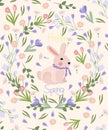 Bright card with bright flowers, daisies, crocus, tulips, green leaves and a cute rabbit. Spring flowering. Vector