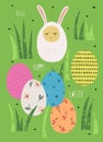 Bright card of Happy Easter. Multicolored Easter eggs on green grass. Royalty Free Stock Photo