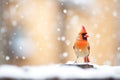 bright cardinal against a soft-focus snowfall background