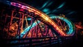 Bright carnival wheel spinning in vibrant city nightlife generated by AI