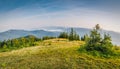 Bright Carpathian landscape in the morning light with beautiful green grass and blue sky. Royalty Free Stock Photo