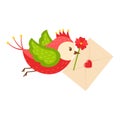 A bright cartoon bird carries a letter heart and a red flower in its beak. The concept of pleasant news, valentines. A symbol of Royalty Free Stock Photo