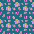 Bright cartoon boxes with gifts and sweets, seamless pattern on a blue background