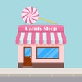 Bright cartoon candy store with a canopy, flat style.