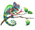 Bright cartoon cheerful chameleon sits on a branch