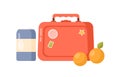 Bright cartoon childish lunch box storage case and bottle vector flat illustration. Colorful lunchbox with fruits, meal