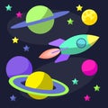 Bright cartoon cosmic illustration with rocket and funny planets in open space for use in design for card, poster, banner, placard Royalty Free Stock Photo