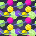 Bright cartoon cosmic seamless pattern background with funny planets in open space
