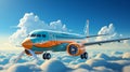 Bright cartoon 3D plane flies in the sky with clouds, vacation and travel Royalty Free Stock Photo