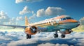 Bright cartoon 3D plane flies in the sky with clouds, vacation and travel Royalty Free Stock Photo