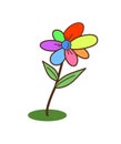 A bright cartoon flower with multi-colored petals on a green grass lawn. Flat vector blooming plant in the meadow.