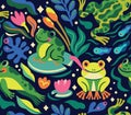 Bright cartoon frogs and tadpoles characters are jumping and swimming in the pond. Seamless pattern Royalty Free Stock Photo