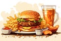 bright cartoon illustration of tasty burger with french fries and sauce with beer on white background in comic style Royalty Free Stock Photo