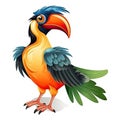 Bright cartoon jungle bird on white background. Multicolored parrot bird character looking aside