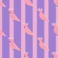 Bright cartoon kids seamless pattern with pink diagonal cackatoo parrot shapes. Purple striped background Royalty Free Stock Photo