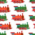 Bright cartoon steam locomotive seamless background