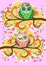 Bright, cartoonish, flirtatious, loving owls on the flowering branches of a tree. Spring, summer, girlfriend