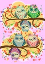 Bright, cartoonish, flirtatious, loving owls on the flowering branches of a tree. Spring, summer, girlfriend