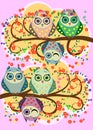 Bright, cartoonish, flirtatious, loving owls on the flowering branches of a tree. Spring, summer, girlfriend