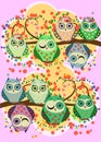 Bright, cartoonish, flirtatious, loving owls on the flowering branches of a tree. Spring, summer, girlfriend