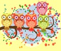 Bright, cartoonish, flirtatious, loving owls on the flowering branches of a tree. summer, girlfriends