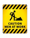 Bright Caution glossy metal plate, warning sign Men at work area with road worker icon on white