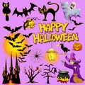 bright character set of helluin with witch, pumpkin, ghost, owl, cat, raven, spider, lantern with a candle Royalty Free Stock Photo