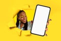 Bright and cheerful woman with braids and colorful makeup peeks through a yellow torn background