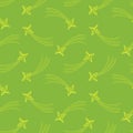 Bright cheerful background, seamless pattern, yellow stars with comets on a green background