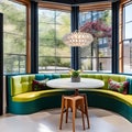 4 A bright and cheerful breakfast nook with a colorful banquette, a round table, and lots of natural light2, Generative AI