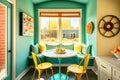 A bright and cheerful breakfast nook with a round table and matching chairs. Generative Ai