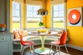 A bright and cheerful breakfast nook with a round table and matching chairs. Generative Ai